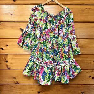 True Destinations Women's Sz Large Floral Off Shoulder Mini Dress Tiered Aloha